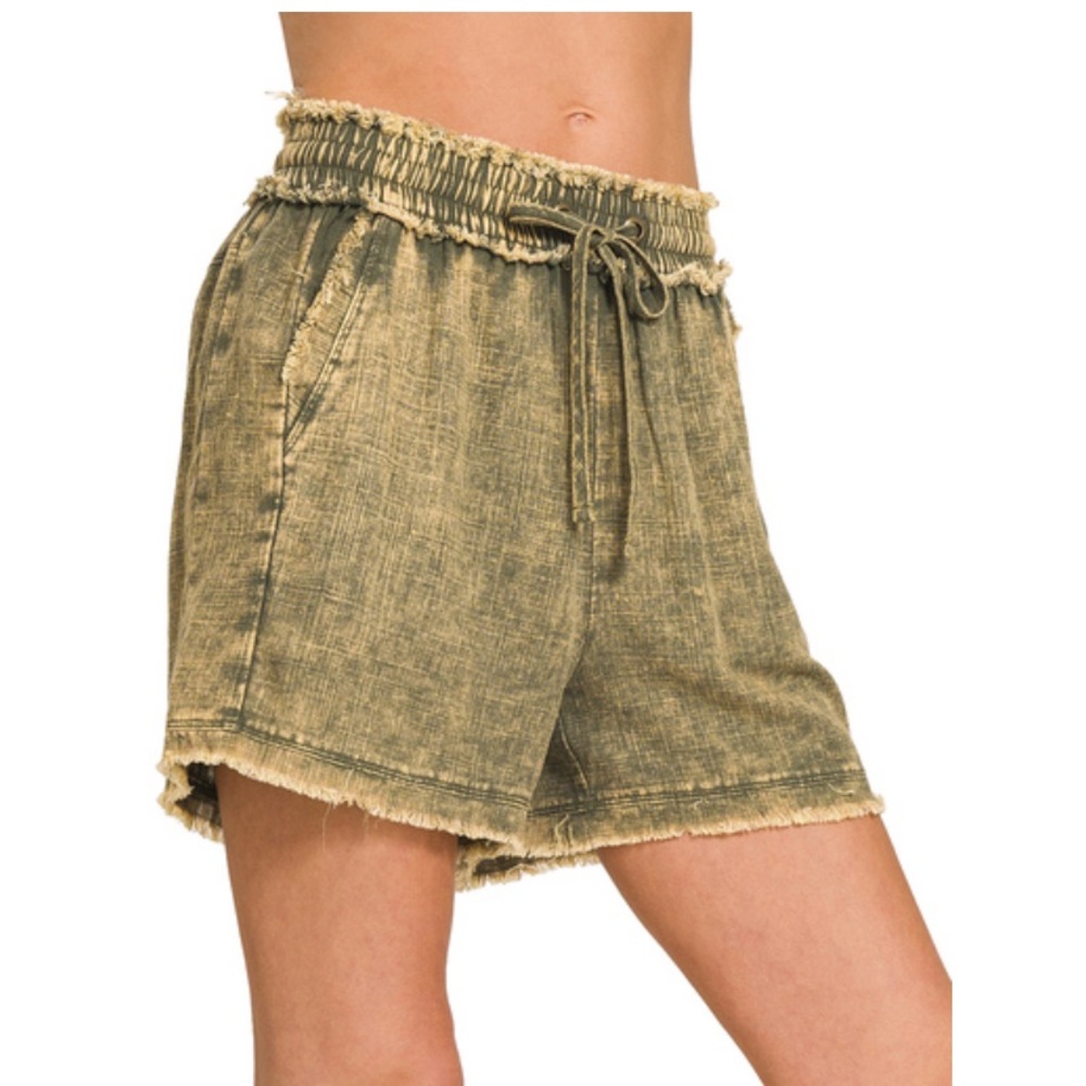 Zenana Acid Washed Olive Frayed Hem Shorts